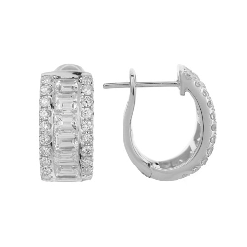 18K White Gold 3.10Ctw Rd Emerald Cut Hoop Er 44D=.75 14Em=2.35