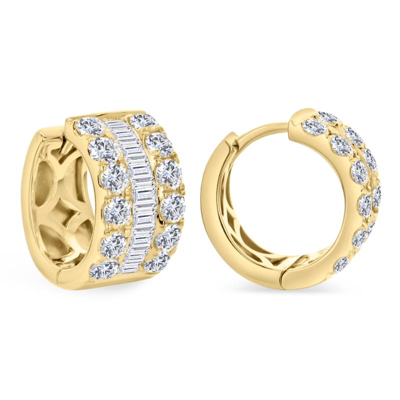 18K Yellow Gold 2.10Ctw Rd Baguette Hoop Er 24D=1.25 18Bg=.85