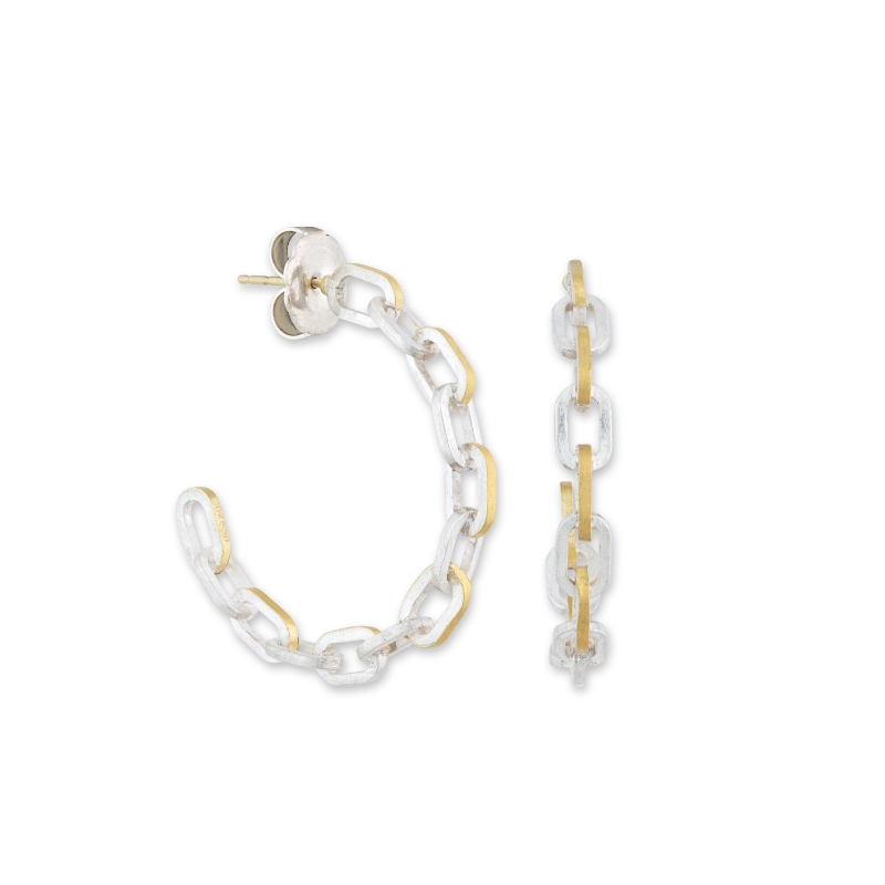 24K Sterling Silver Rectangle Shape Link Hoop Earrings
