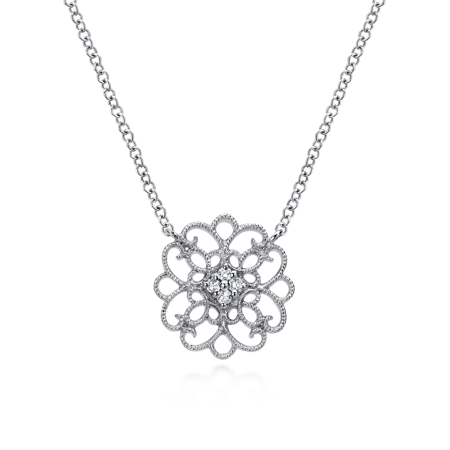 925 Sterling Silver Round Filigree White Sapphire Pendant Necklace