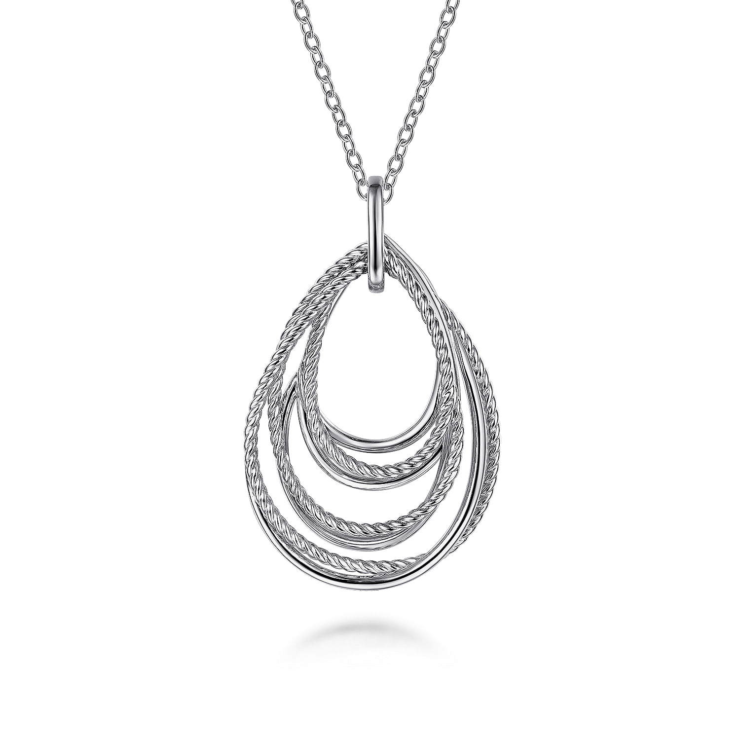 925 Sterling Silver Multi Row of Rope Teardrop Pendant Necklace