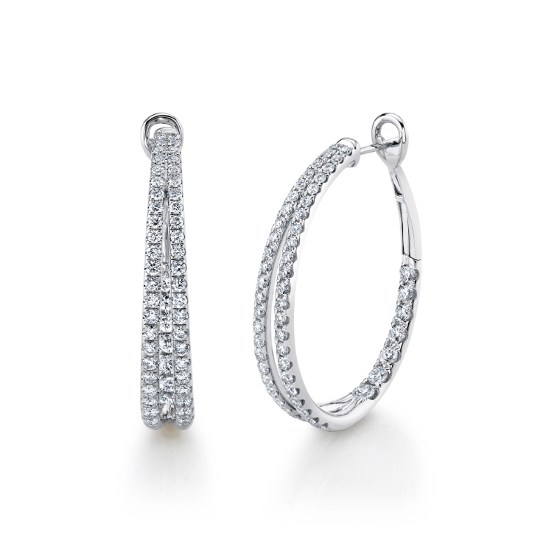 A Pair Of 14K White Gold And Diamond Oval-Shaped Hoop Earrings