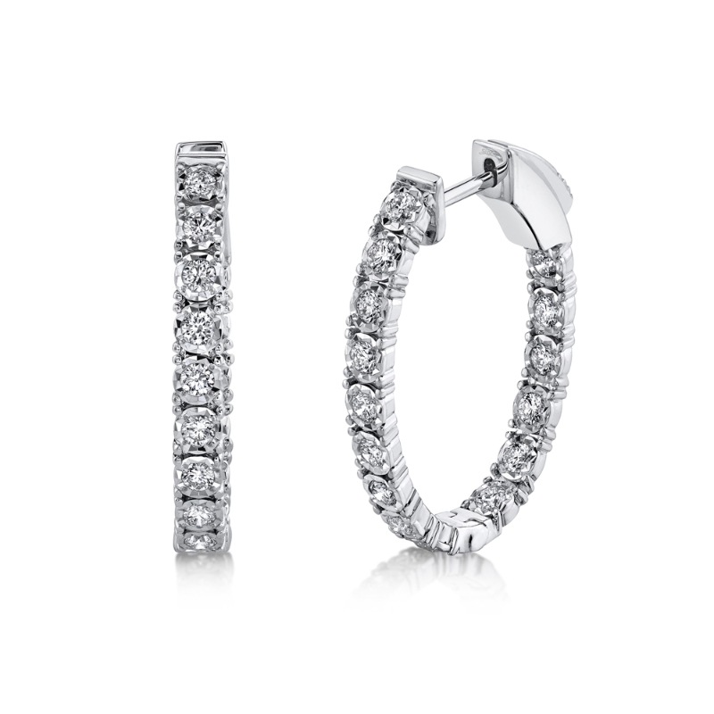 14K White Gold Diamond In And Out Hoop Earrings