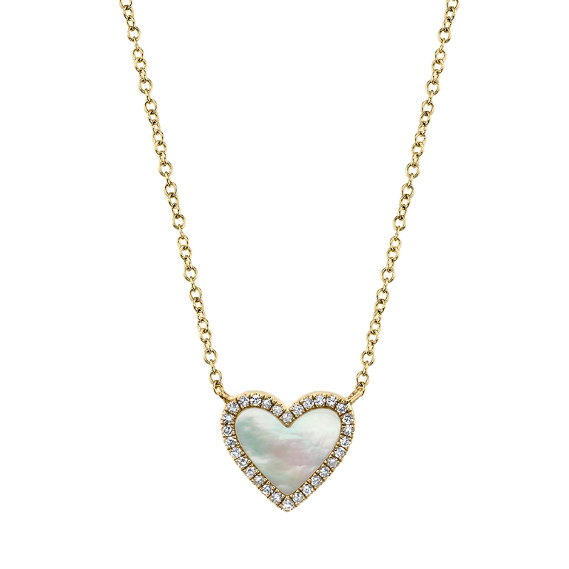 Shy Creation Natural Mother-Of-Pearl Heart Pendant Necklace 1/15 Ct Tw Diamonds 14K Yellow Gold 18